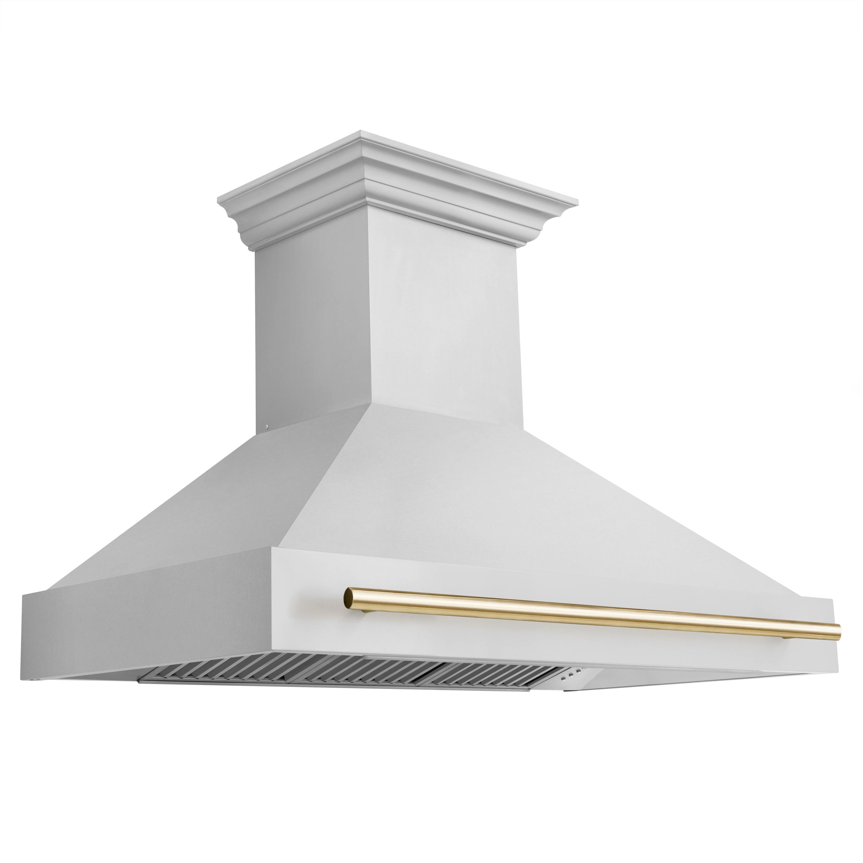 Left. ZLINE - ZLINE Autograph Edition 48 in. Stainless Steel Range Hood with Stainless Steel Shell and Polished Gold Handle - Stainless Steel.