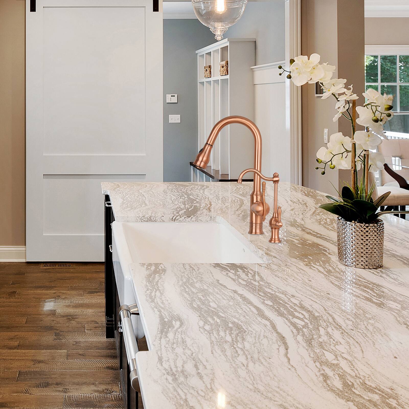 Alt View 4. Akicon - Akicon Solid Brass Single Handle Kitchen Faucet with Pull Down Sprayer in Copper - Copper.