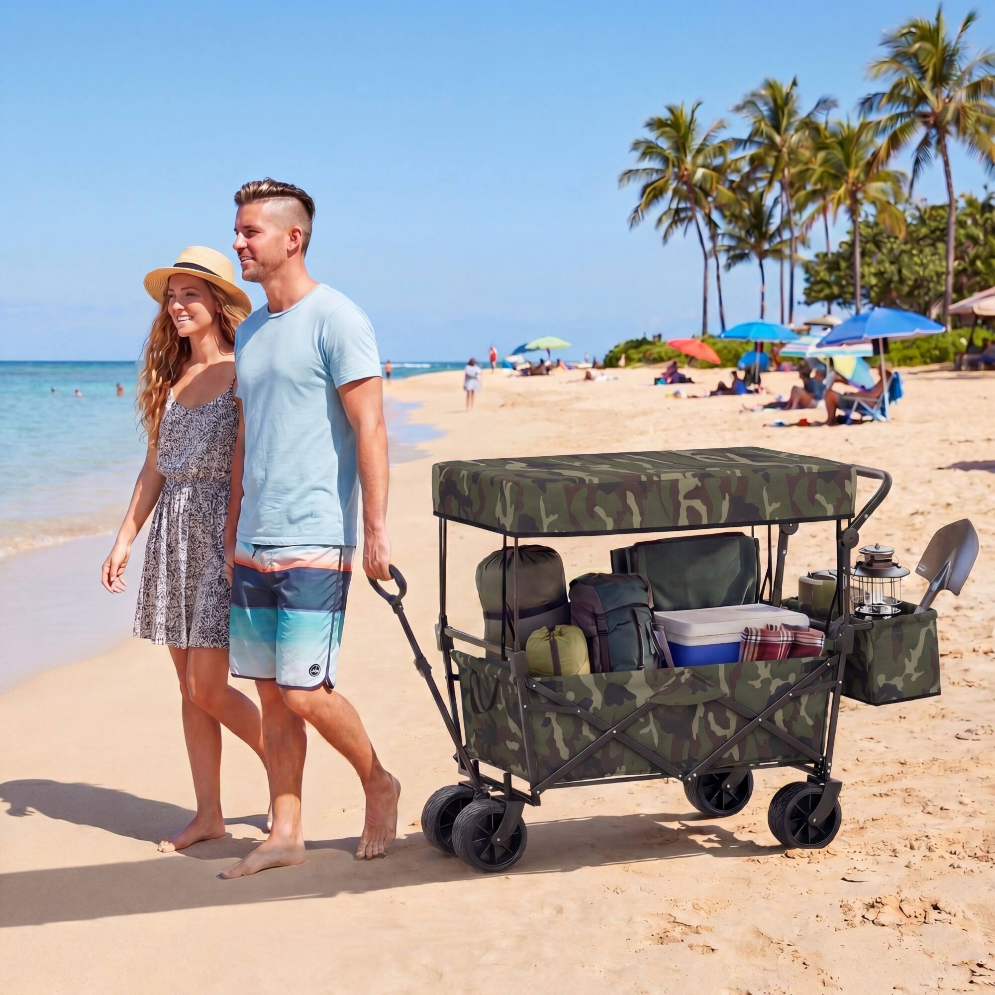 Alt View 1. Costway - Costway Folding Utility Wagon with Detachable Canopy, Collapsible Garden Cart with Adjustable Push & Pull Handles - Camouflage.