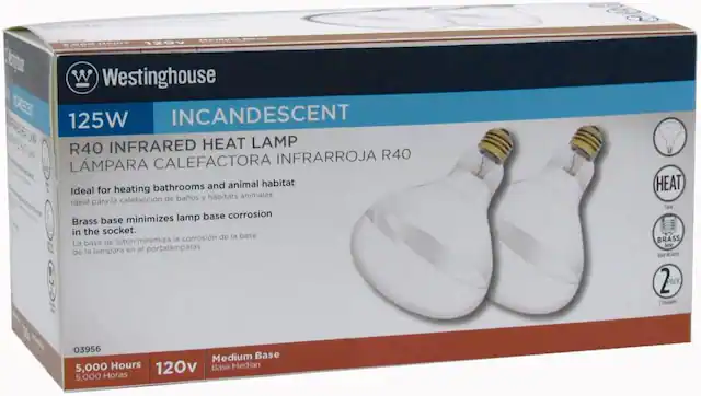 S84 120V UN W Westinghouse 125W INCANDESCENT R40 INFRARED HEAT LAMP INFRARROJA R40 LAMPARA CALEFACTORA bathrooms and animal habitat Ideal for heating de baos y habitats animales Ideal para la calefaccion minimizes lamp base corrosion Brass base in the socket. la corrosion de la base La base de laton minimiza de la lampara en el portalamparas HEAT Calor BRASS base 2 AC 03956 Medium Base 5,000 Hours 120v Base Median 5.000 Horas