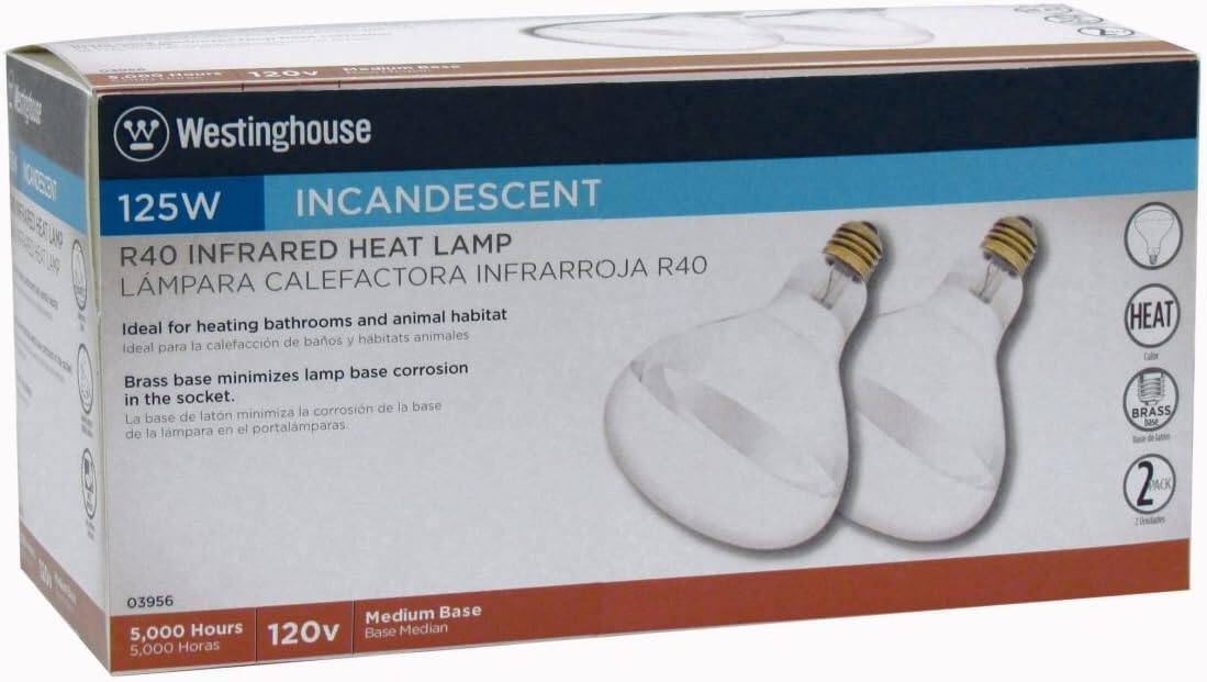 S84 120V UN W Westinghouse 125W INCANDESCENT R40 INFRARED HEAT LAMP INFRARROJA R40 LAMPARA CALEFACTORA bathrooms and animal habitat Ideal for heating de baos y habitats animales Ideal para la calefaccion minimizes lamp base corrosion Brass base in the socket. la corrosion de la base La base de laton minimiza de la lampara en el portalamparas HEAT Calor BRASS base 2 AC 03956 Medium Base 5,000 Hours 120v Base Median 5.000 Horas