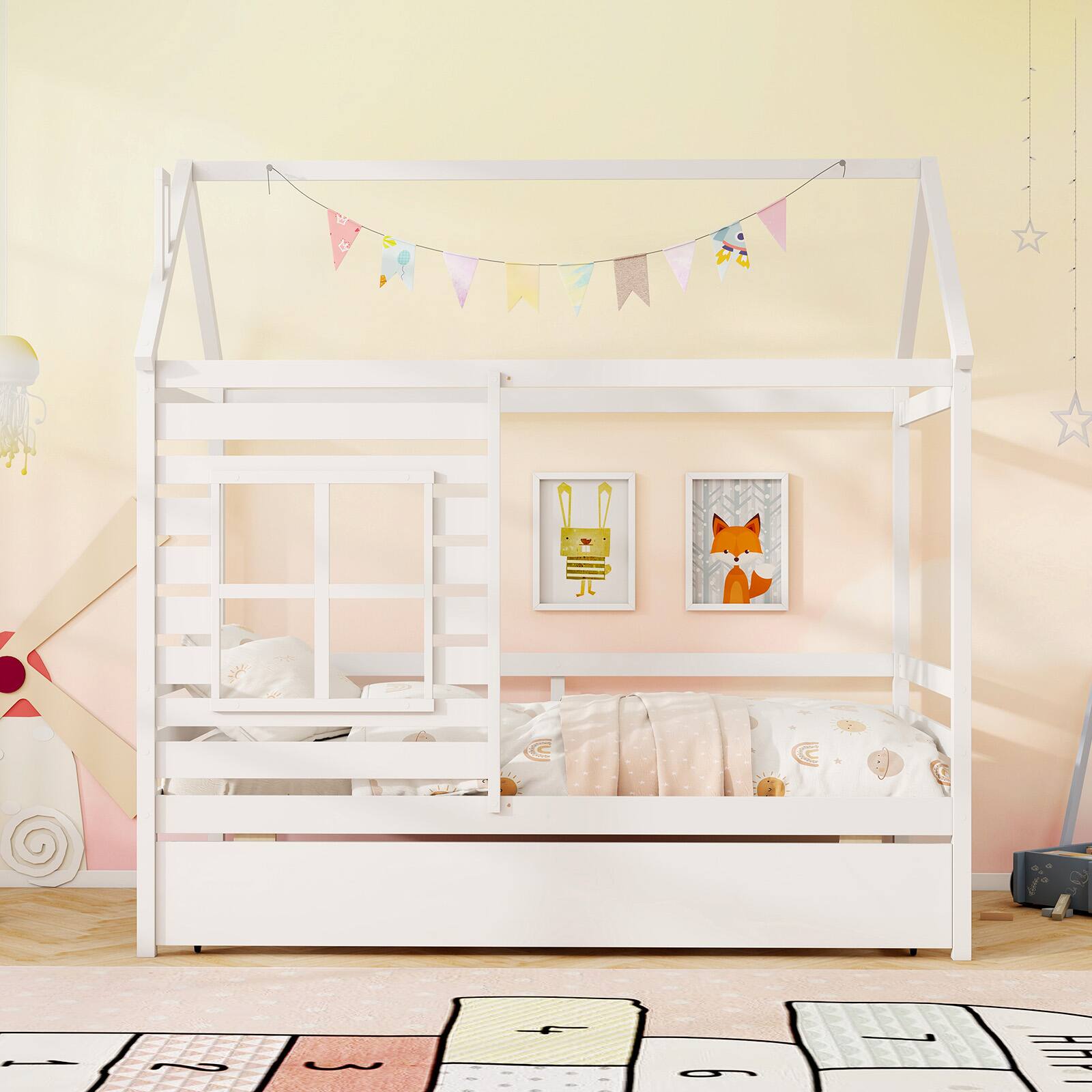 Alt View 4. Gymax - Gymax Twin Size House Bed with Trundle Wooden Platform Bed w/ Roof Chimney & Window White - White.