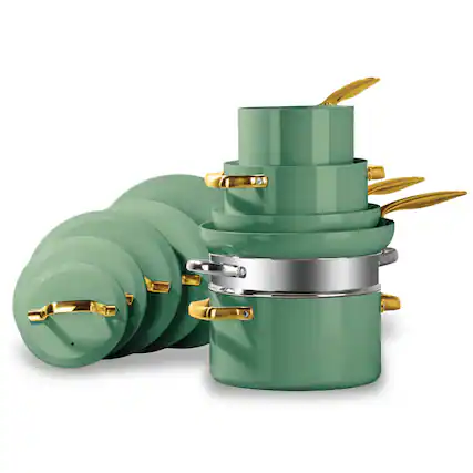 Front. Gotham Steel - Modern Collection 11 Piece Ceramic Nonstick Cookware Set - Green.