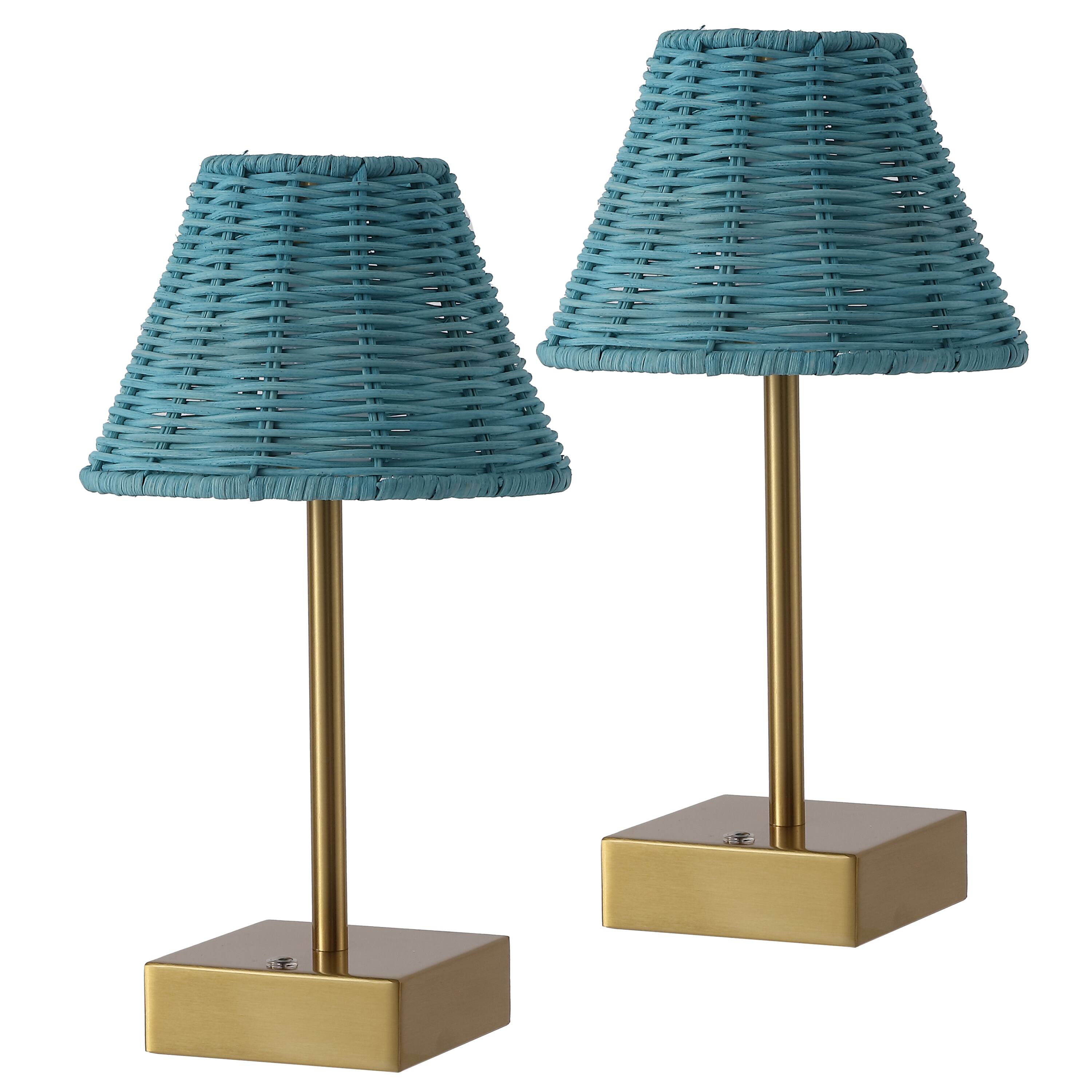 Alt View 7. Jonathan Y - Chester 11.25" Rechargeable Table Lamp Set of 2, Bohemian Brass Gold with Blue Rattan Shade, Touch Dimmable for Bedroom - Brass Gold.