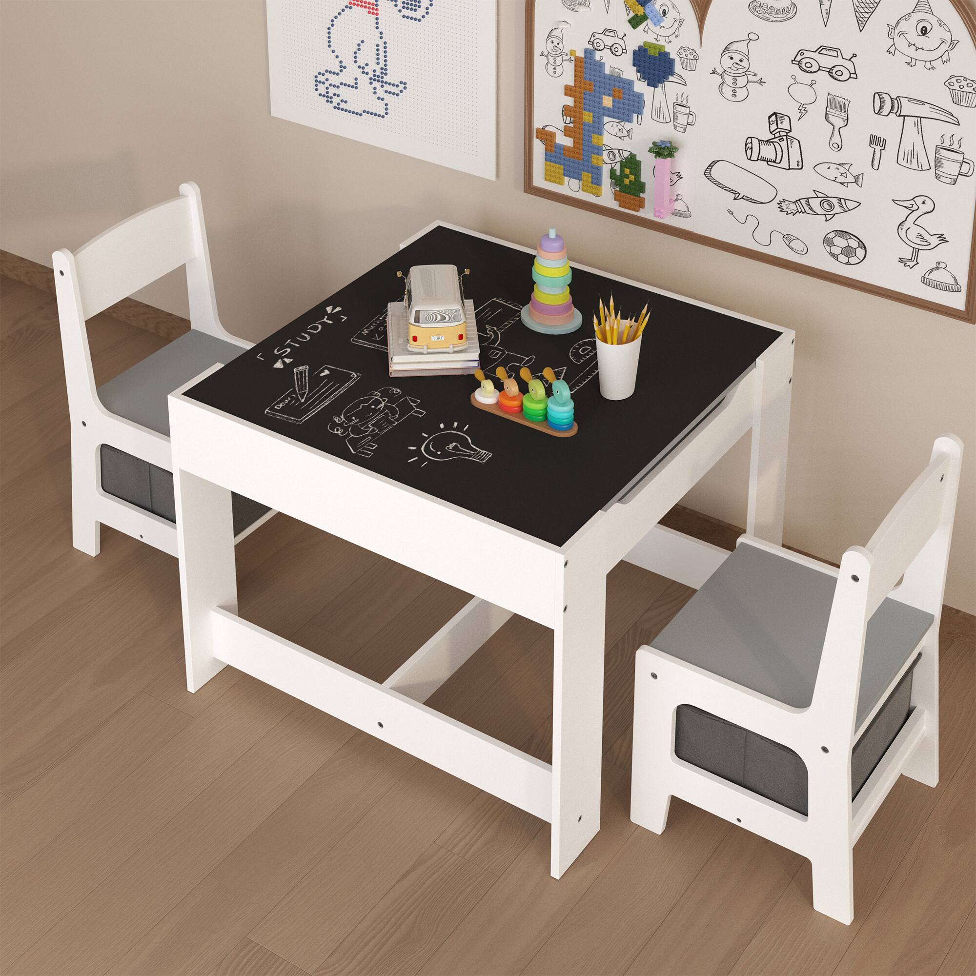 Left. Tiramisubest - Kids Table and Chair Set,3 in 1 Toddlers Wooden Activity Table with Storage Drawer,2 in 1 Detachable Tabletop Table Set - White.