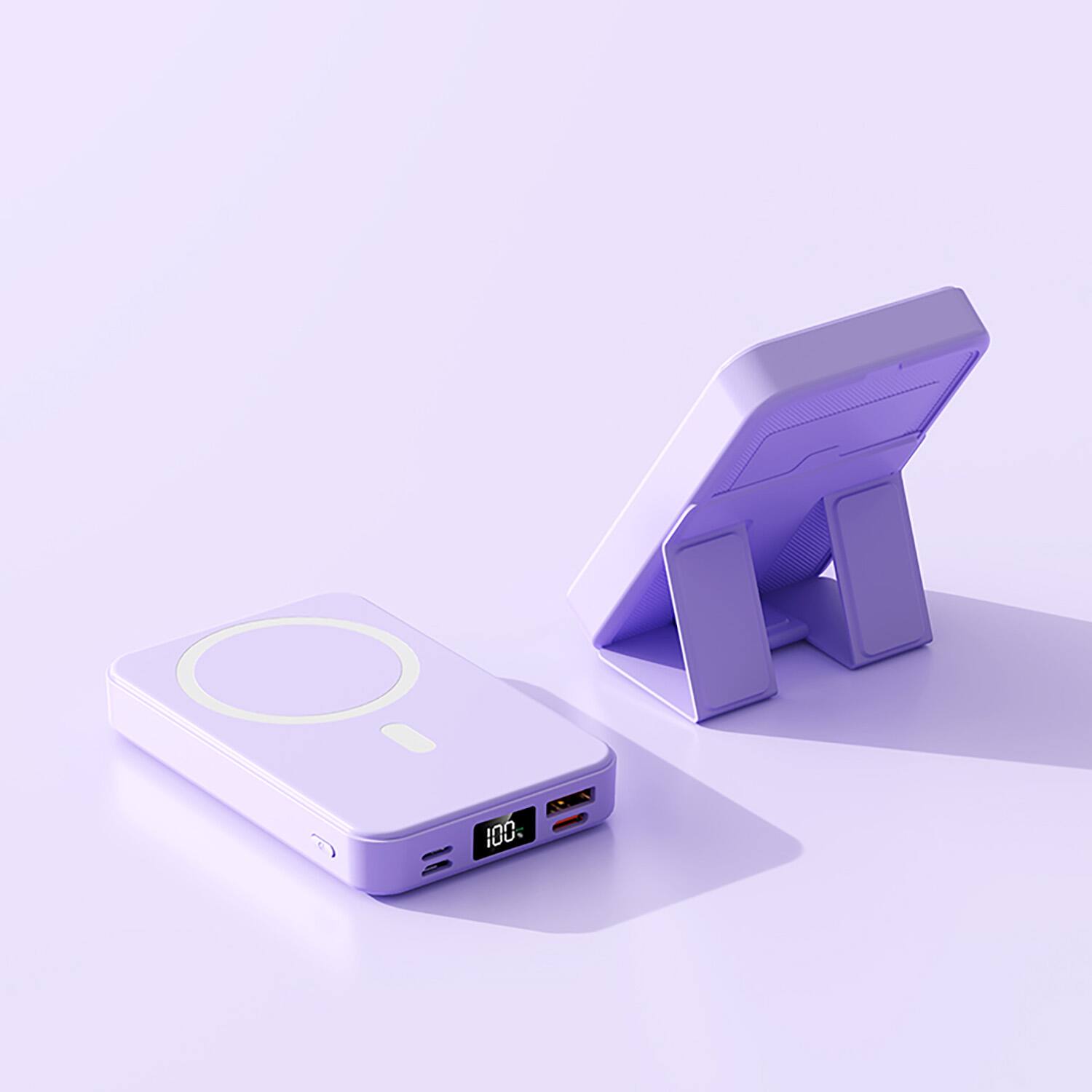 Angle. Alpha Digital - 10,000mAh Portable Magnetic Wireless Charge Power Bank with Phone Stand - Purple.