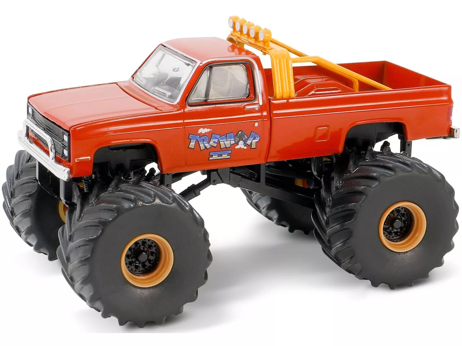 Angle. Greenlight - 1986 Chevrolet Silverado Monster Truck Orange "Buffalo Tremor II" "Kings of Crunch" Series 15 1/64 - Orange.