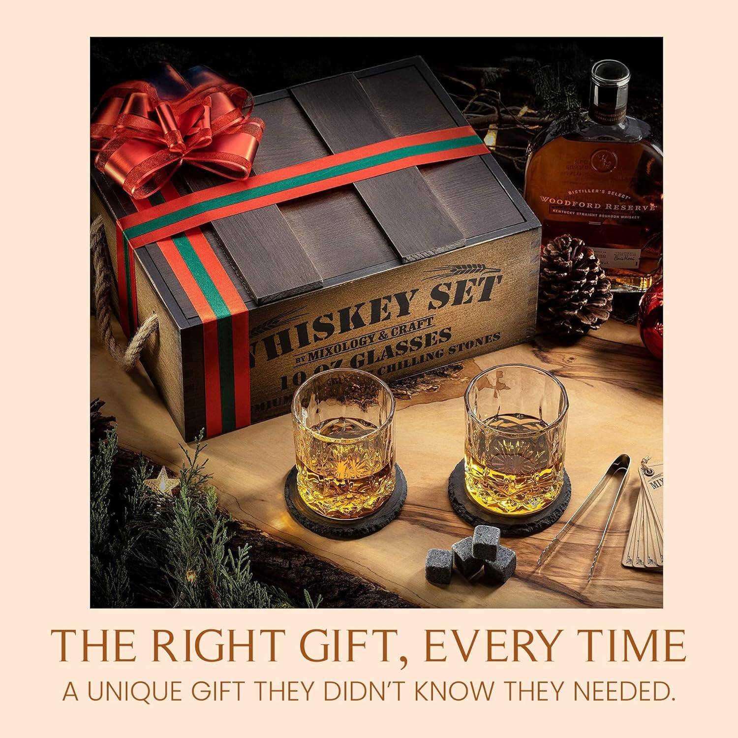 DISTILLER'S E.L. WOODFORD RESERVE  
HISKEY SET  
WHISKEY MIXOLOGY & CRAFT GLASSES  
CHILLING STONES  
10  
THE RIGHT GIFT, EVERY TIME  
A UNIQUE GIFT THEY DIDN'T KNOW THEY NEEDED.