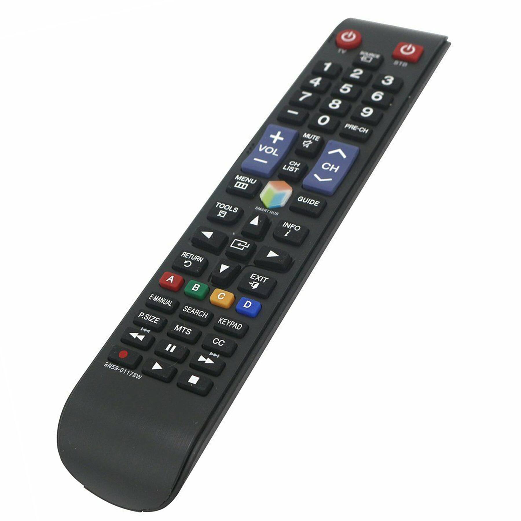 Sure, here is the corrected and grouped text from the image:

**Top Row:**
- TV
- HOME
- BTB

**Number Pad:**
- 1 2 3
- 4 5 6
- 7 8 9
- 0

**Volume and Channel Controls:**
- VOL -
- MUTE
- VOL +
- PRE-CH
- CH LIST
- CH

**Navigation and Info:**
- GUIDE
- INFO
- MENU
- TOOLS
- RETURN
- EXIT

**Smart Hub:**
- SMART HUB

**Additional Features:**
- E-MANUAL
- P.SIZE
- SEARCH
- MTS
- KEYPAD
- CC

**Buttons:**
- A
- B
- C
- D

**Bottom Row:**
- RETURN
- EXIT

**Model Number:**
- GN59-01178W

**Smart Hub Icon:**
- (Colorful icon with "SMART HUB" text)

This should cover all the text visible on the remote control.