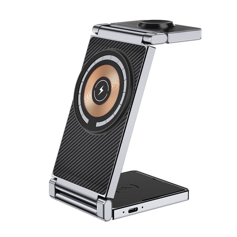 RISOKEYS - MagSafe 3-in-1 Wireless Charger - Foldable Stand Compatible with Apple Devices, 15W Fast Charging for iPhone - Black