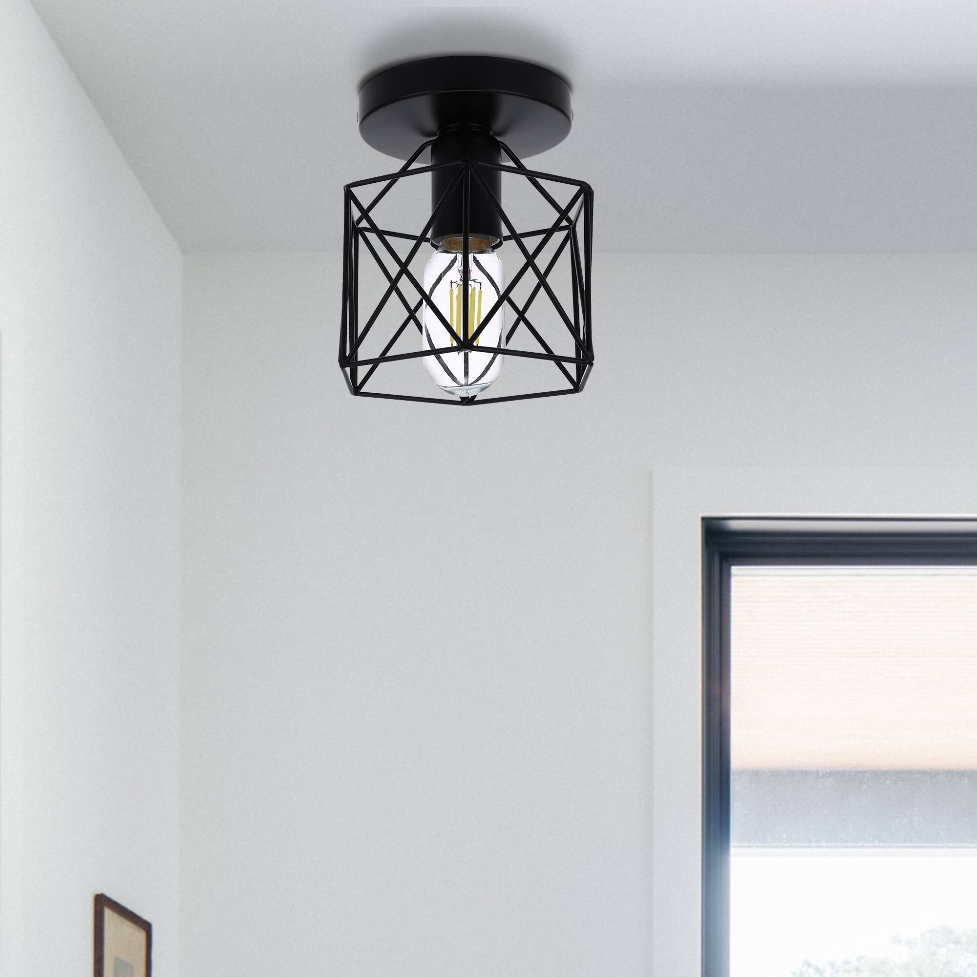 Left. Jandcase - JANDCASE 1-Light Industrial Hallway Semi-Flush Mount Ceiling Light,E26 Socket, Non-Integrated Bulbs for Kitchen - Black.