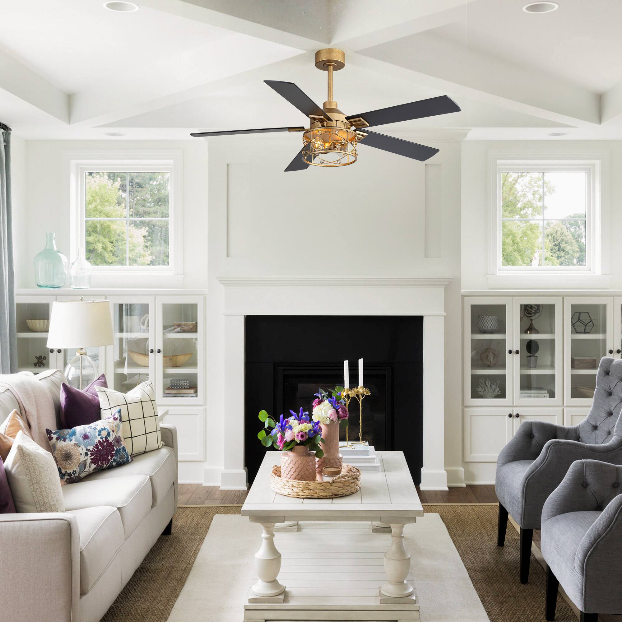 Back. Breezary - 52-In Ceiling Fan with Crystal Light Fixture, 5 Reversible Plywood Blades, DC Motor, Remote Control, Includes 2 Downrods - black and golden.