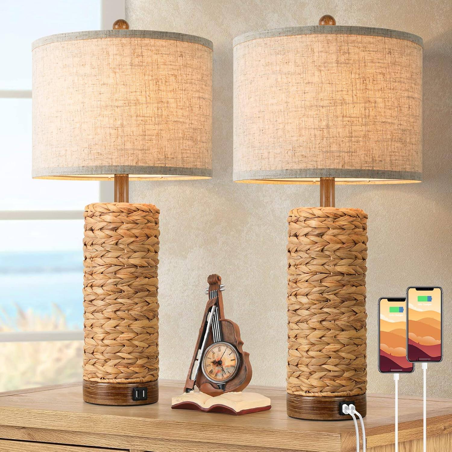 Front. Nordic Hygge - Set of 2 Rattan Table Lamps for Living Room with 2 USB Ports, 27in Tall Bedroom Lamp Coastal Farmhouse, Rustic Woven - Rustic.