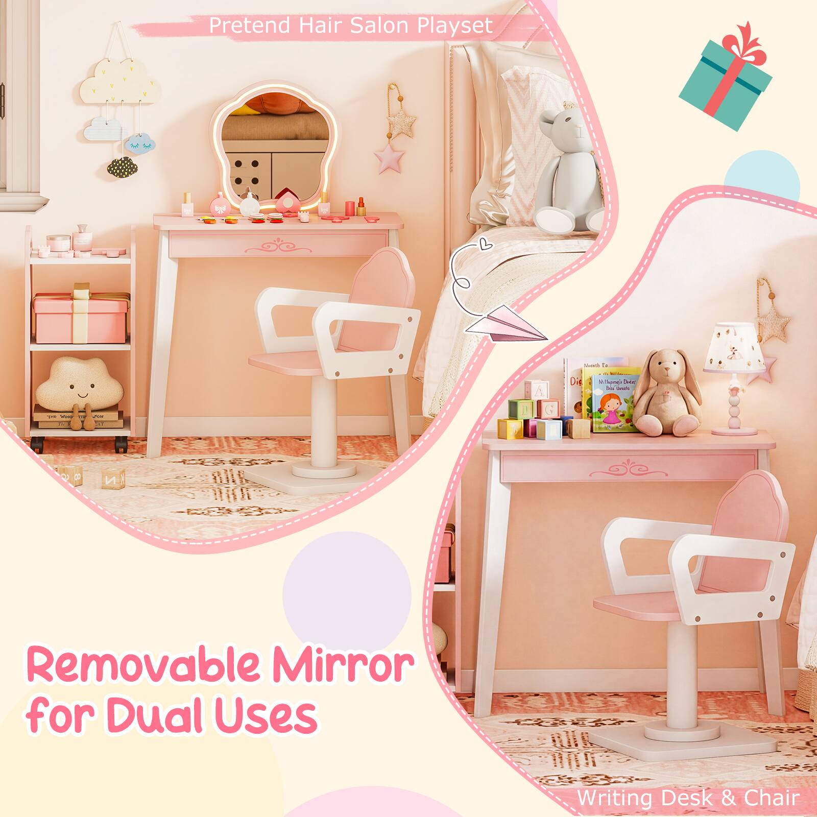 Pretend Hair Salon Playset

Removable Mirror for Dual Uses

Writing Desk & Chair