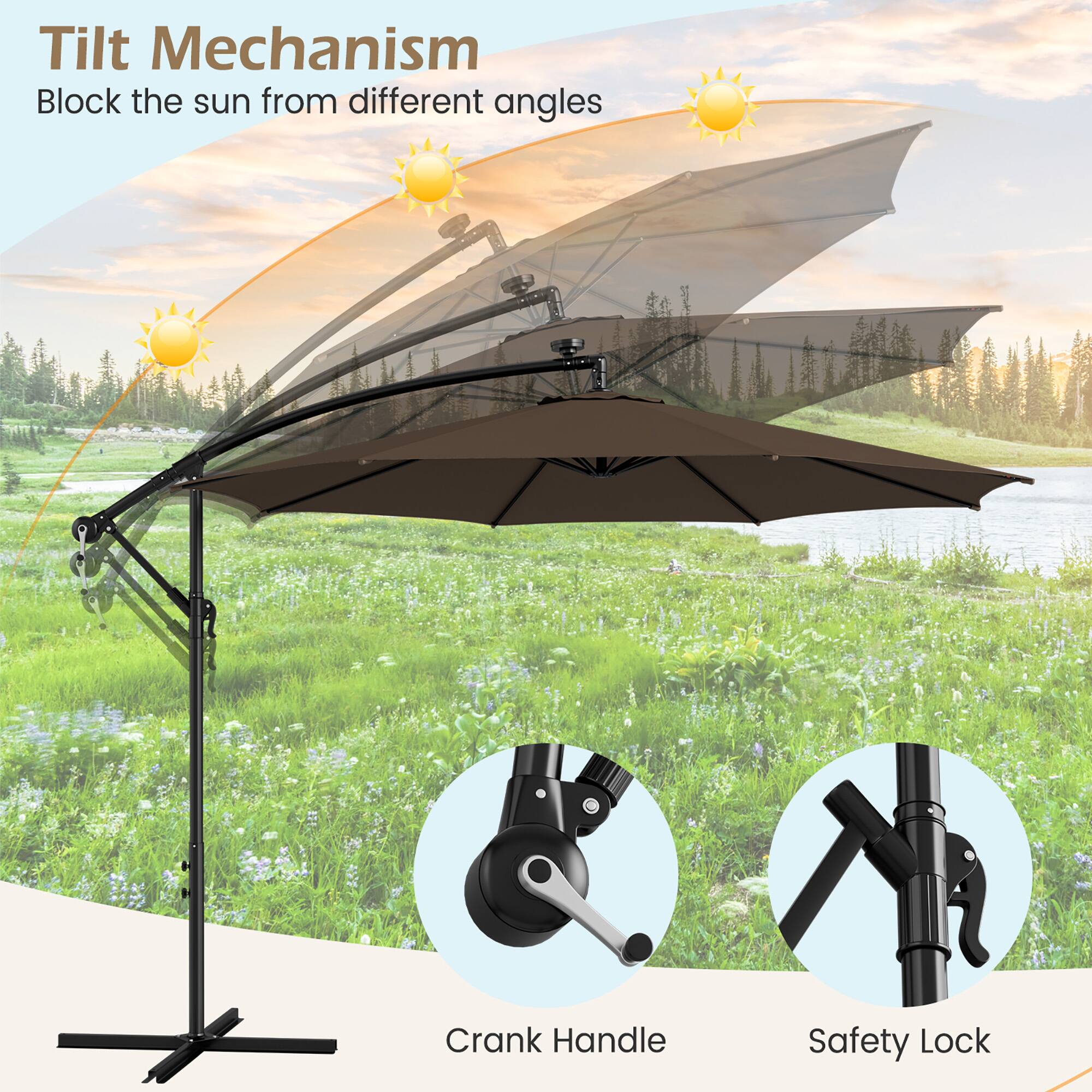 Tilt Mechanism: Block the sun from different angles. Crank Handle: Safety Lock.