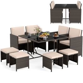 Gymax - Set Of 9 Patio Dining Set w/Tempered Glass Table & Ottoman Removable Cushions - Mix Brown, Beige