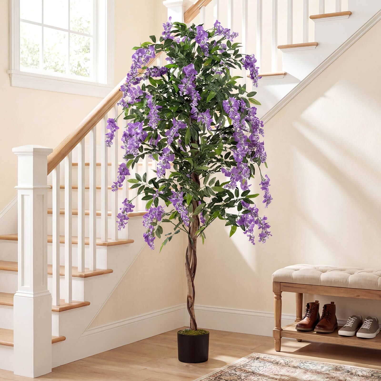 Alt View 5. Costway - Costway 6 FT Artificial Wisteria Tree Set of 2 with Natural Trunks Purple Lifelike Flowers - Purple+Natural+Black.