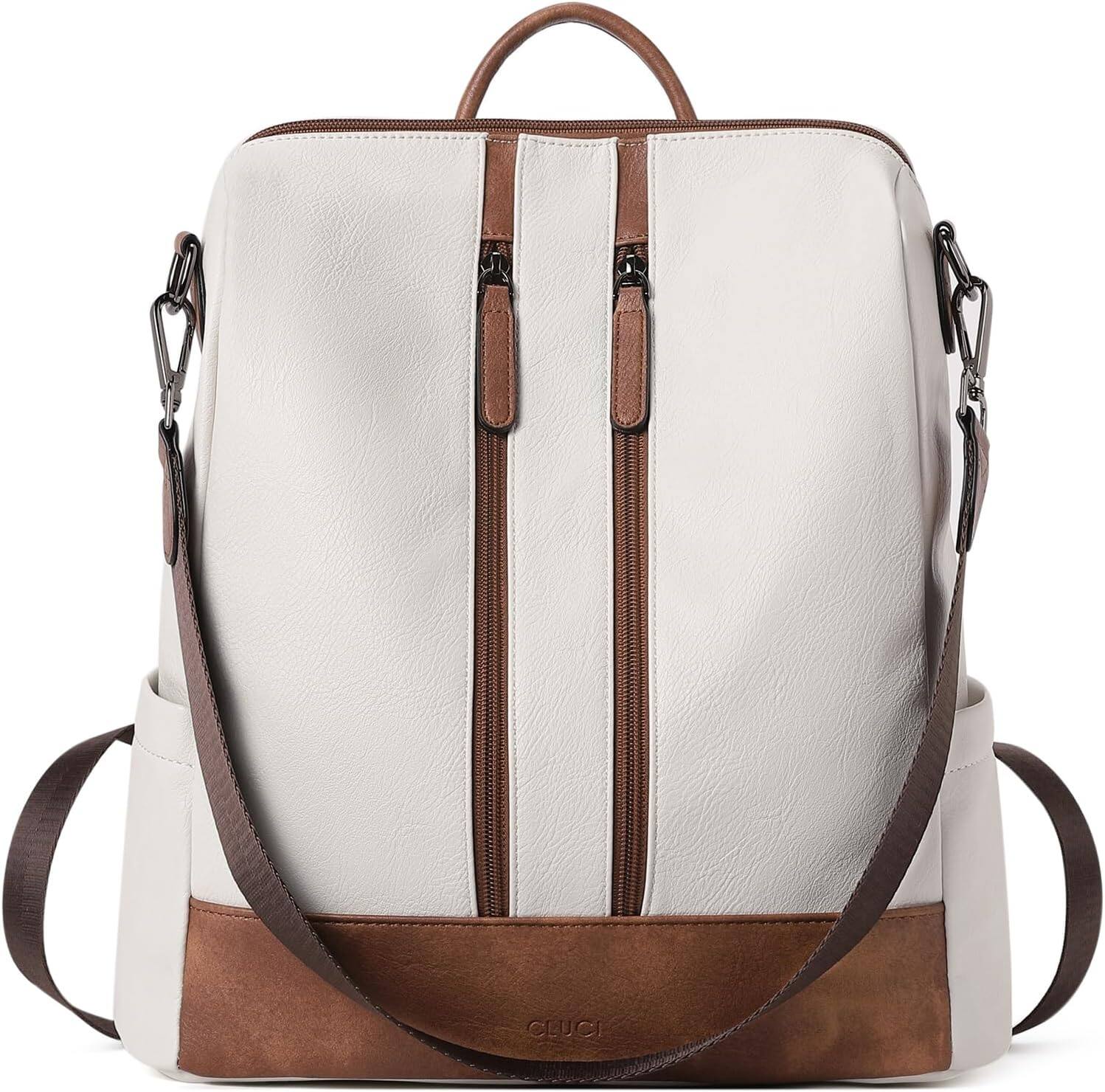 Front. Live At Space - CLUCI Leather Backpack Purse Women Convertible Large Travel Ladies Designer Fashion Casual College Shoulder - 0-3 Beige With Brown.