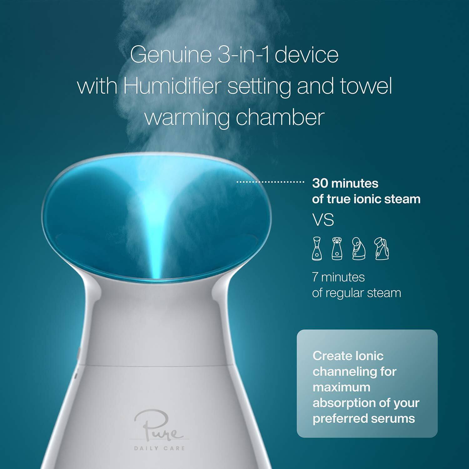 Genuine 3-in-1 device with Humidifier setting and towel warming chamber

30 minutes of true ionic steam VS 7 minutes of regular steam

Create ionic channeling for maximum absorption of your preferred serums

Pure DAILY CARE
