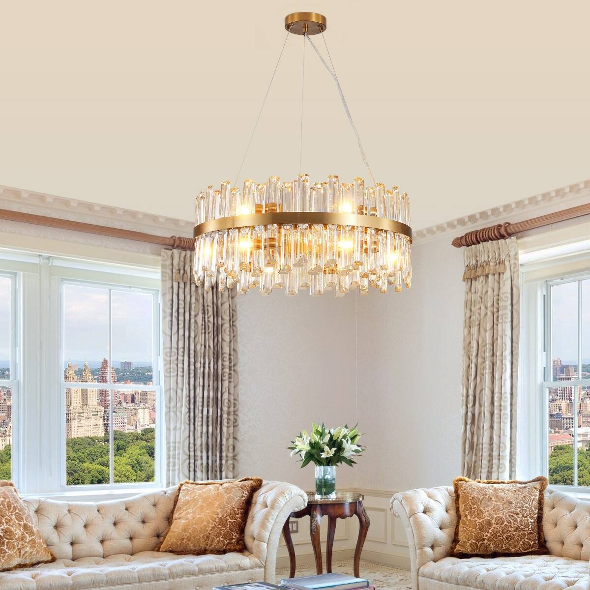 Back. Loheer - Loheer Modern Gold Crystal Chandelier, 23.6 in Circular Fixture for Dining and Living Rooms.