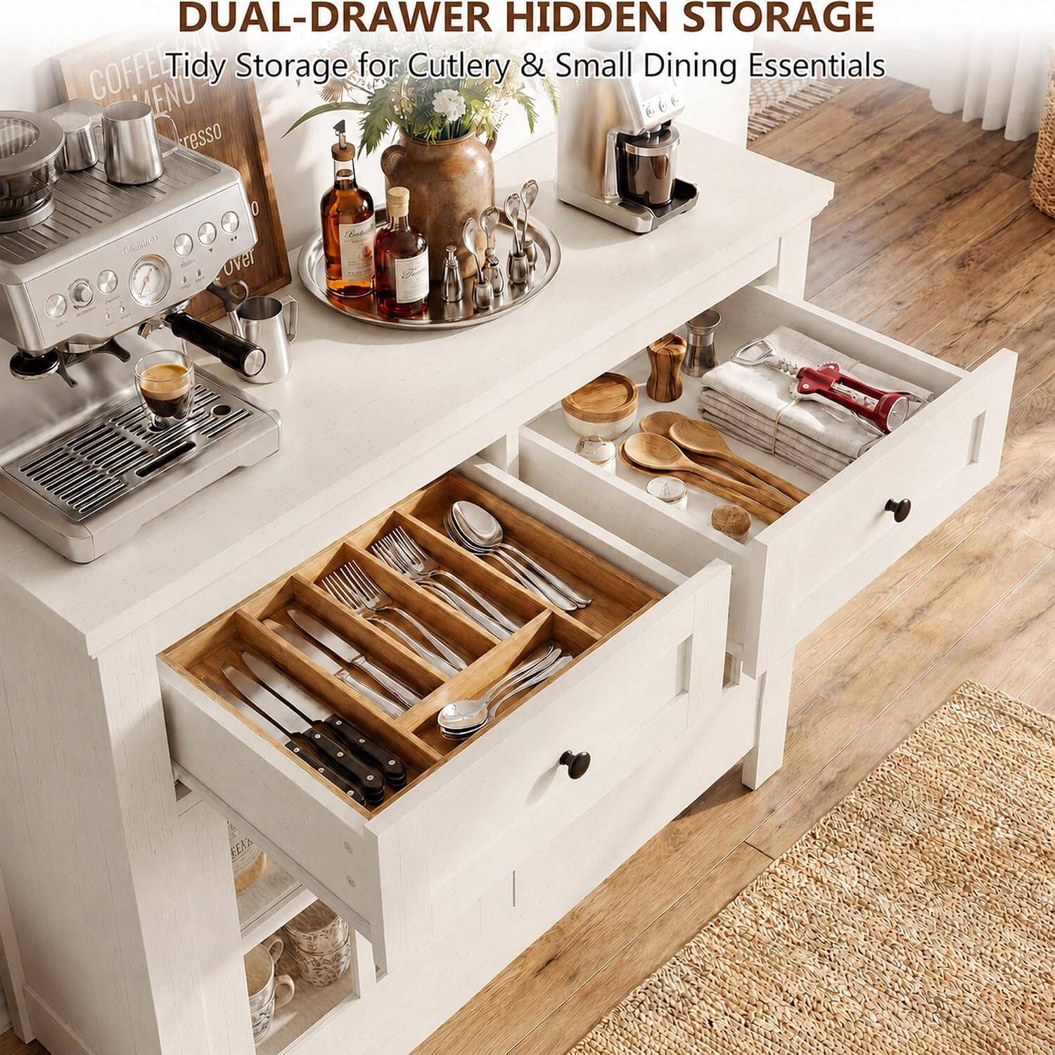 DUAL-DRAWER HIDDEN STORAGE  
Tidy Storage for Cutlery & Small Dining Essentials