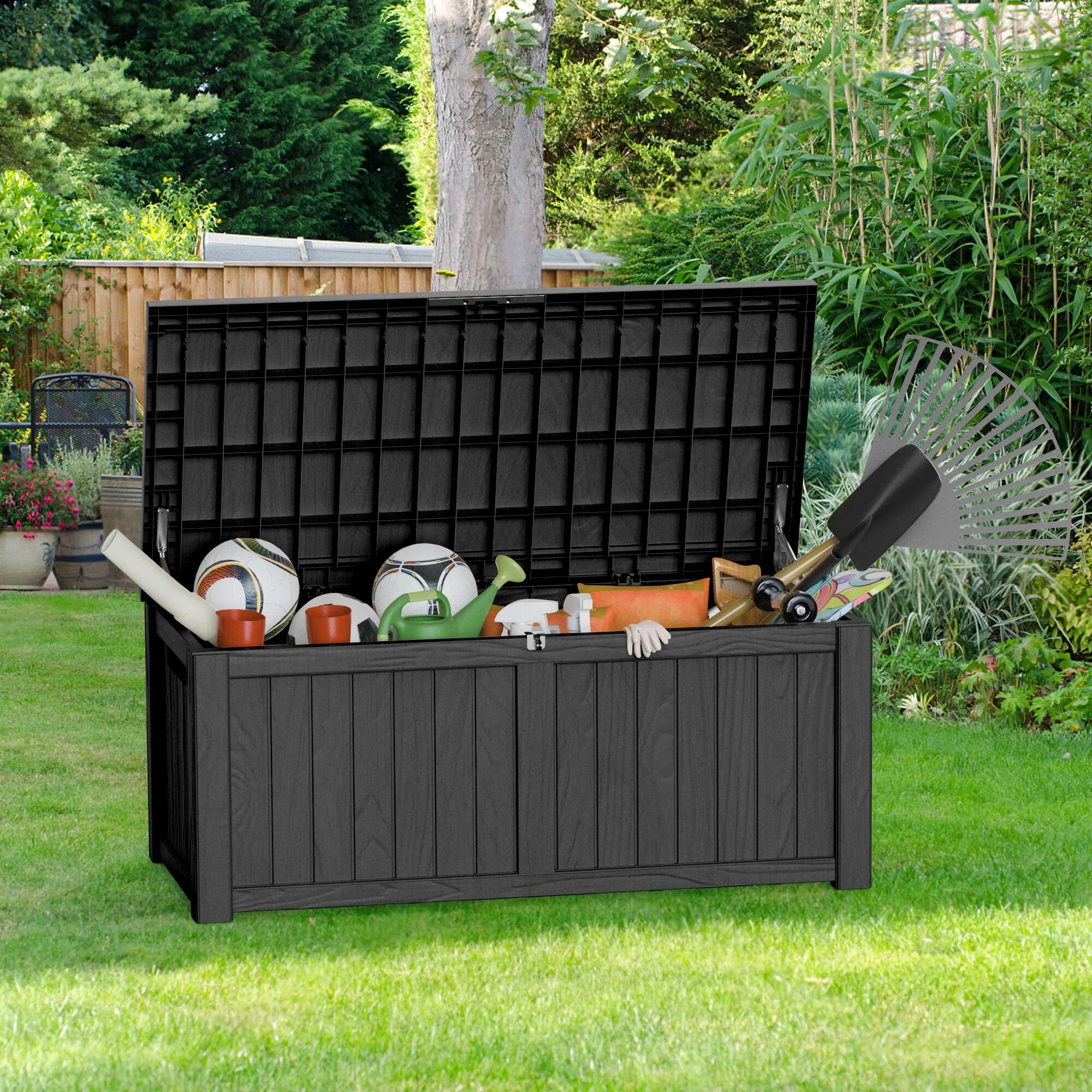 Angle. Chic Crate - Hurricane-Proof 120-Gal Deck Box - HDPE w/ Lock - Black.