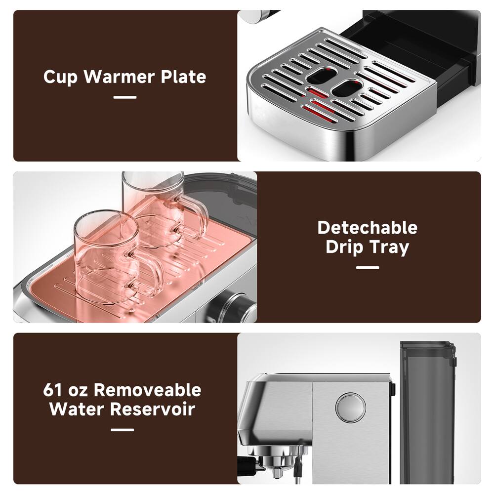 Cup Warmer Plate  
Detachable Drip Tray  
61 oz Removable Water Reservoir