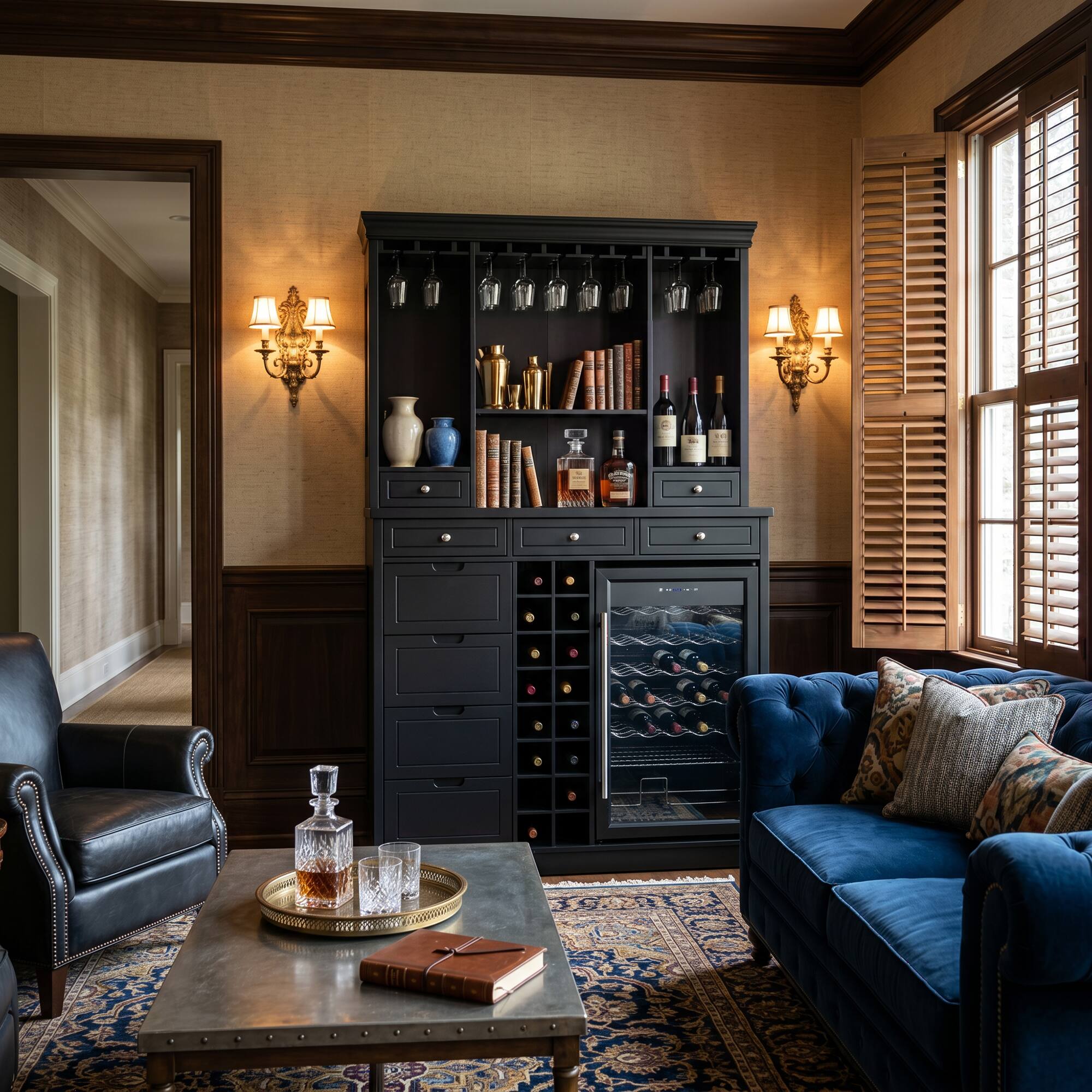 Angle. Famapy - 78" Tall American Style Wine Cabinet with Storage – Fits Wine Fridge, Glass Rack, 16 Bottle Cubby, Drawers - Black.