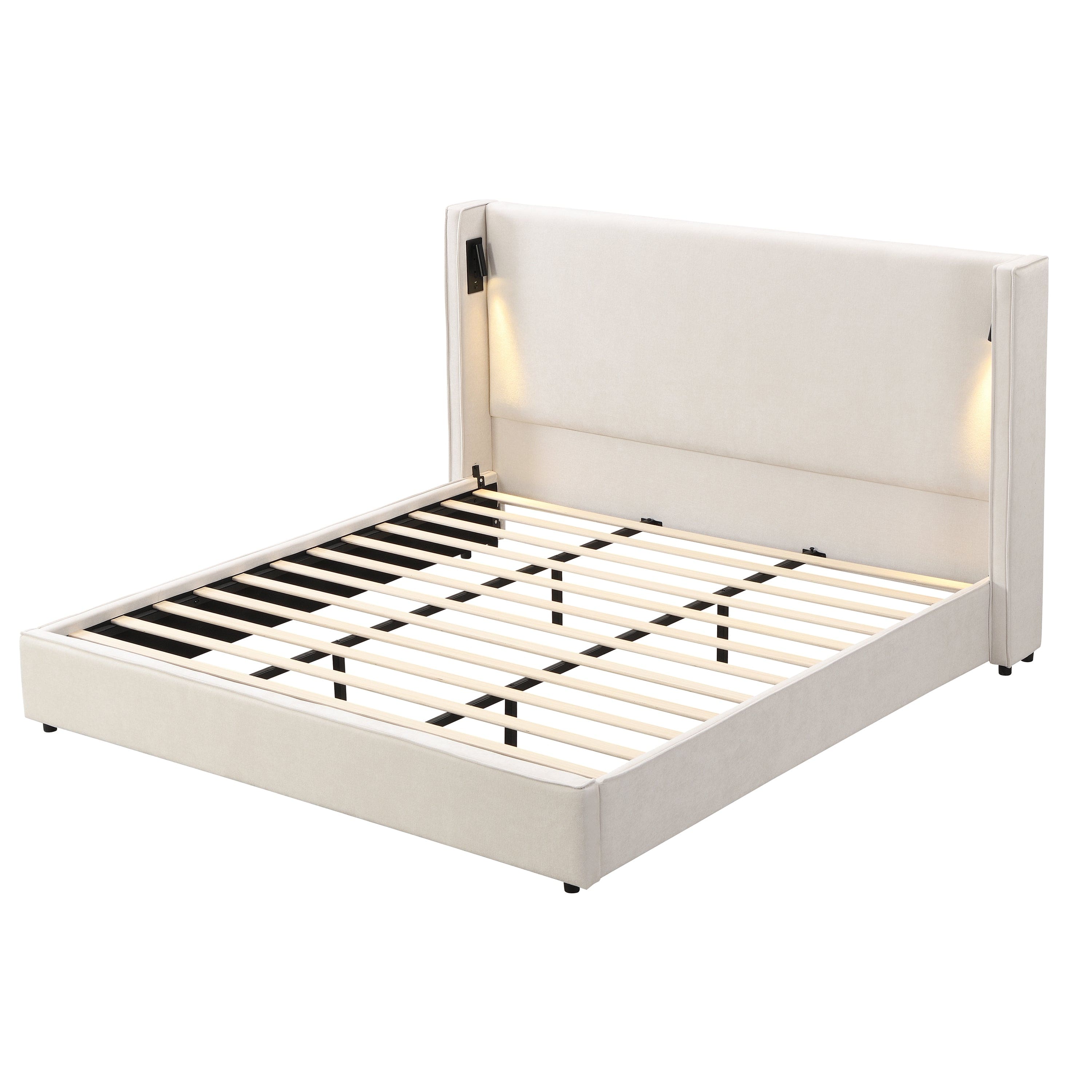 Boyel Living - King Upholstered Bed Frame with Wingback Headboard, Reading Lamp, and USB Port – - Beige