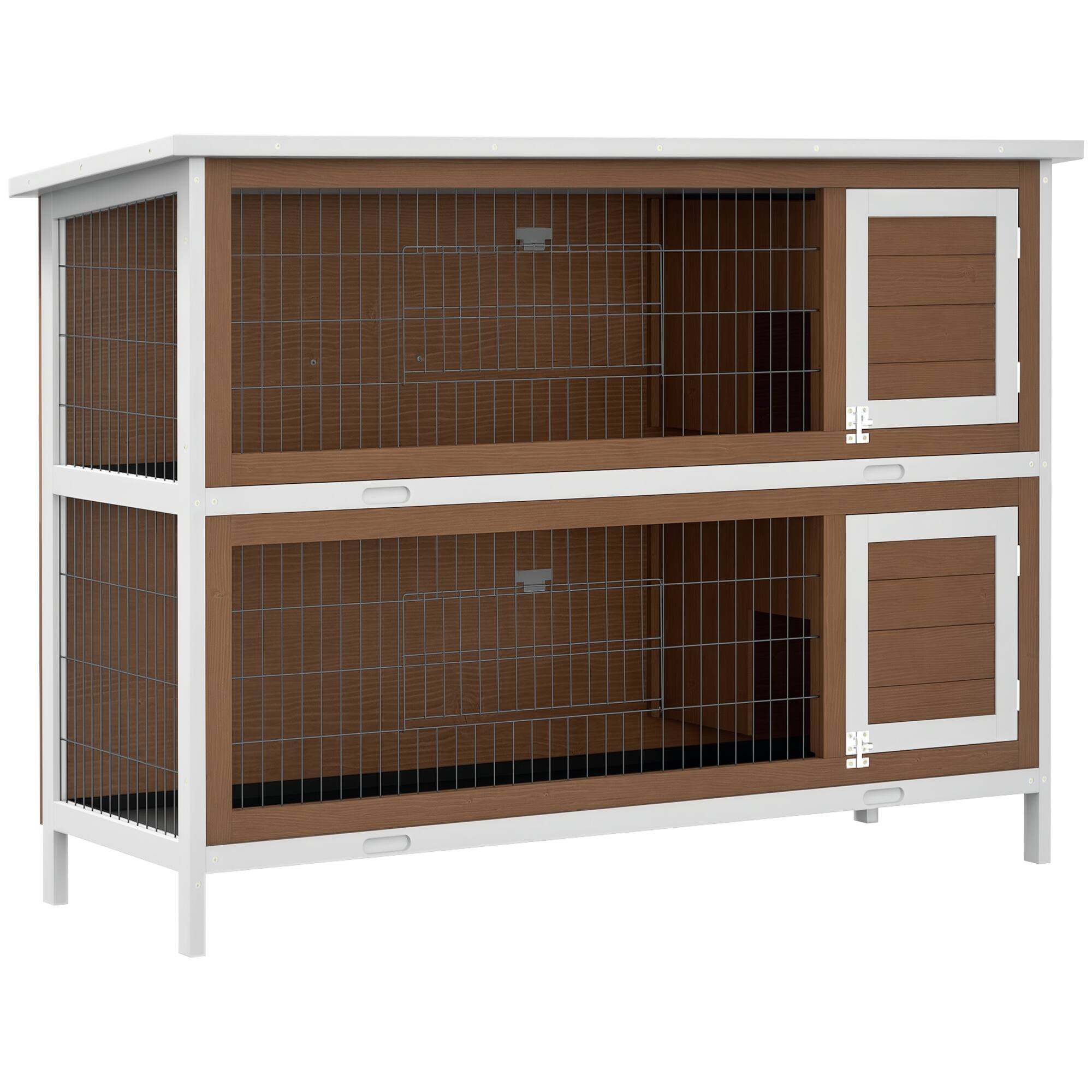 Front. Pawhut - 54" 2-Story Wooden Rabbit Hutch, Indoor/Outdoor Small Animal Cage with Lockable Doors, No-Leak Tray & Waterproof Roof.