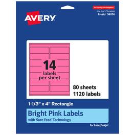 Avery - Printable Rectangle Labels, Bright 1-1/3" x 4", 1,120ct - Pink