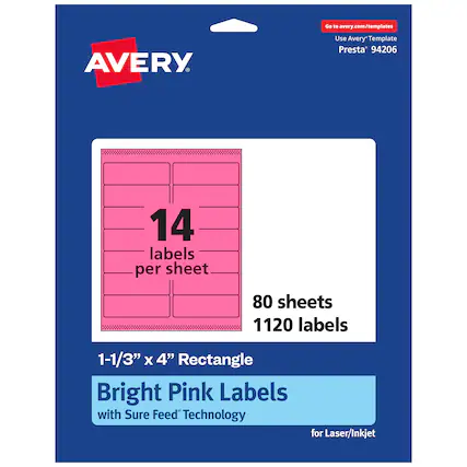 Go to avery.com/templates
AVERY
Use Avery Template Presta 94206
14 labels per sheet
80 sheets
1120 labels
1-1/3" x 4" Rectangle
Bright Pink Labels with Sure Feed Technology for Laser/Inkjet
