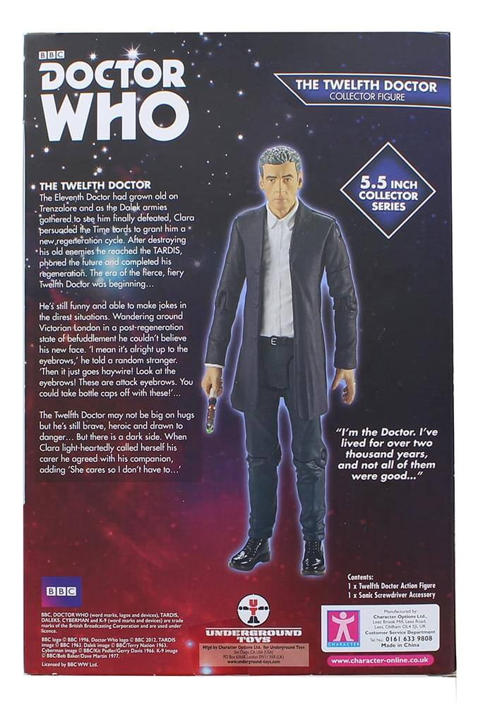DOCTOR WHO THE TWELFTH DOCTOR COLLECTOR FIGURE

The Eleventh Doctor had grown old on Trenzalore and as the Dalek armies gathered to see him finally defeated, Clara persuaded the Time Lords to grant him a new regeneration cycle. After destroying his old enemies, he reached the TARDIS, phoned the future and completed his regeneration. The era of the fierce, fiery Twelfth Doctor was beginning...

5.5 INCH COLLECTOR SERIES

He's still funny and able to make jokes in the direst situations. Wandering around Victorian London in a post-regeneration state of befuddlement, he couldn't believe his new face. "I mean, it's alright up to the eyebrows," he told a random stranger. "Then it just goes haywire! Look at the eyebrows! These are attack eyebrows. You could take bottle caps off with these!"

The Twelfth Doctor may not be big on hugs, but he's still brave, heroic and drawn to danger... But there is a dark side. When Clara light-heartedly called herself his carer, he agreed with his companion, adding "She cares so I don't have to..."

"I'm the Doctor. I've lived for over two thousand years, and