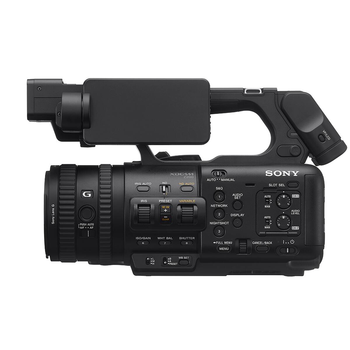 VF/LCD  
Lons Sony  
G PUSH AUTO MF AF  
IRIS AUTO IRIS  
XDCAM Z200 ND ND AUTO PRESET VARIABLE NO + CLEAR  
O AUTO MANUAL S&Q AUDIO 1 SET NETWORK 2 DISPLAY NIGHTSHOT 3  
SONY SLOT SEL AUTO CH-1 MAN AUDIO LEVEL AUTO MAN CH-2  
ISO/GAIN WHT BAL SHUTTER 5 7 8  
FULL MENU MENU  
CANCEL/BACK  
1..0  
of H  
.3 WB SET *PRESET