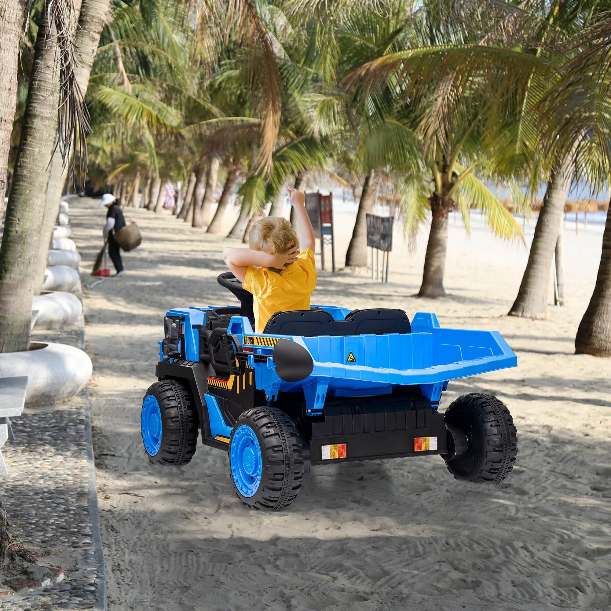 Left. GARVEE - 24V 2-Seater Ride-On Dump Truck for Kids with Parent Remote Control, Electric Dump Bed, Extra Shovel, 2WD/4WD Modes.