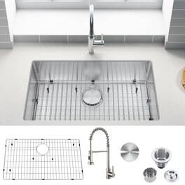 Akicon - 30 in. Undermount Single Bowl 18-Gauge Kitchen Sink and Pull-Down Faucet with Bottom Grid and Basket Strainer - Silver