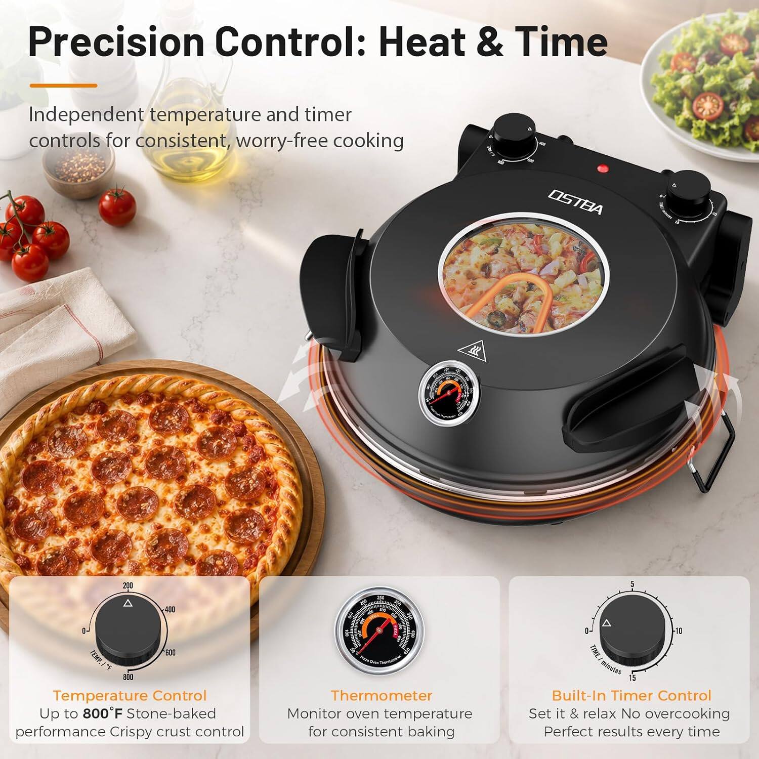 Precision Control: Heat & Time

Independent temperature and timer controls for consistent, worry-free cooking

OSTEA

TEMP. 0-500

Temperature Control
Up to 800°F Stone-baked performance
Crispy crust control

Thermometer
Monitor oven temperature for consistent baking

TIME minutes
Built-In Timer Control
Set it & relax
No overcooking
Perfect results every time