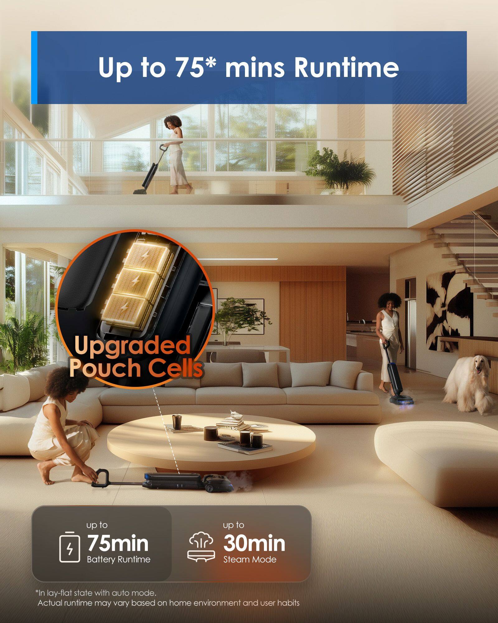 Up to 75* mins Runtime

Upgraded Pouch Cells

up to 75min Battery Runtime

up to 30min Steam Mode

*In lay-flat state with auto mode. Actual runtime may vary based on home environment and user habits