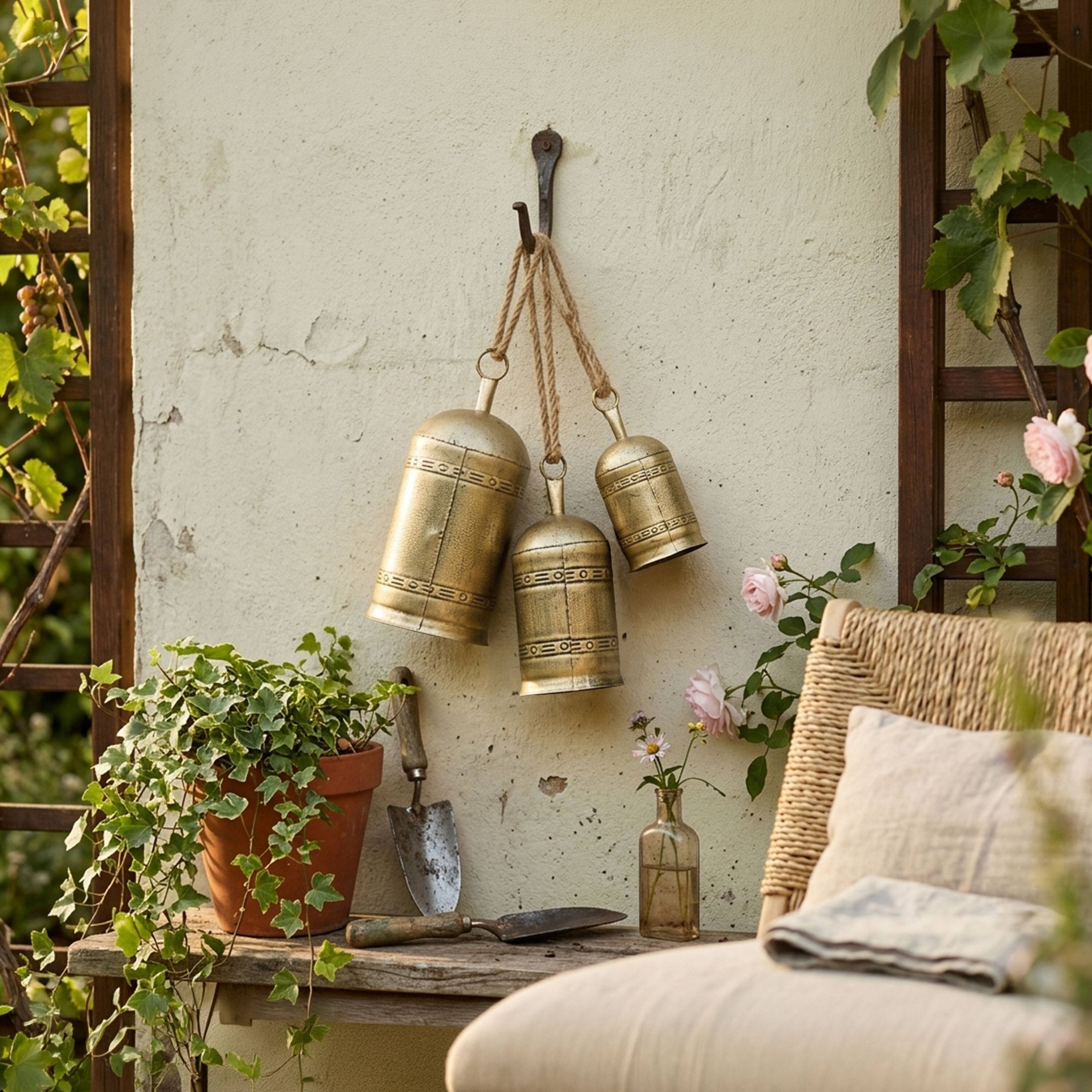 Alt View 7. Manhattan Lane - 3 Piece Cowbell Set, Etched Antique Iron with Jute Rope, Organic Decor - Antique Gold, Natural Brown.