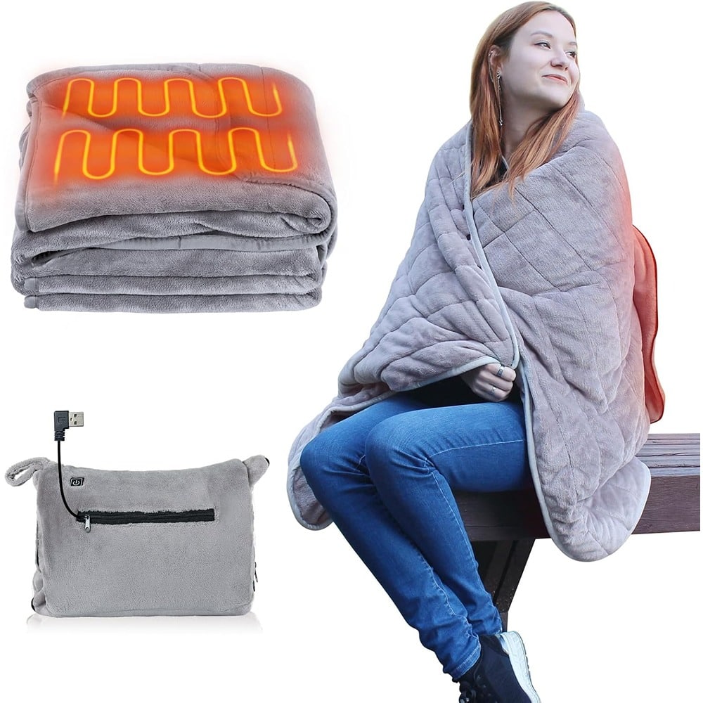 MOSZAR LLC - Portable USB Heated Blanket, 3 Heat Levels, Auto Off, Plush Flannel - Gray