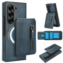 Dteck - for Samsung Galaxy Z Fold6 Detachable Wallet Case,2 in 1 PU Leather Shockproof Cover with Zipper Card Holder & Stand - Blue