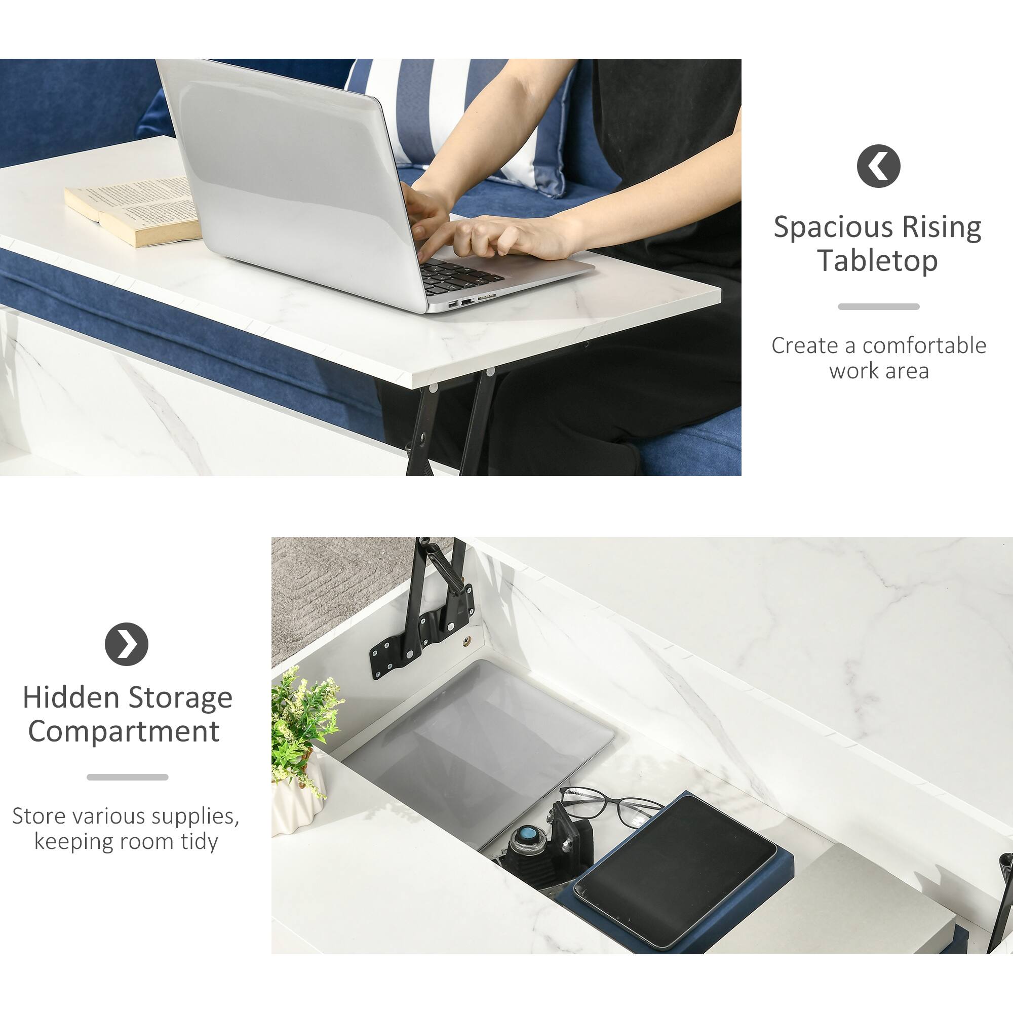 Spacious Rising Tabletop  
Create a comfortable work area  

Hidden Storage Compartment  
Store various supplies, keeping room tidy