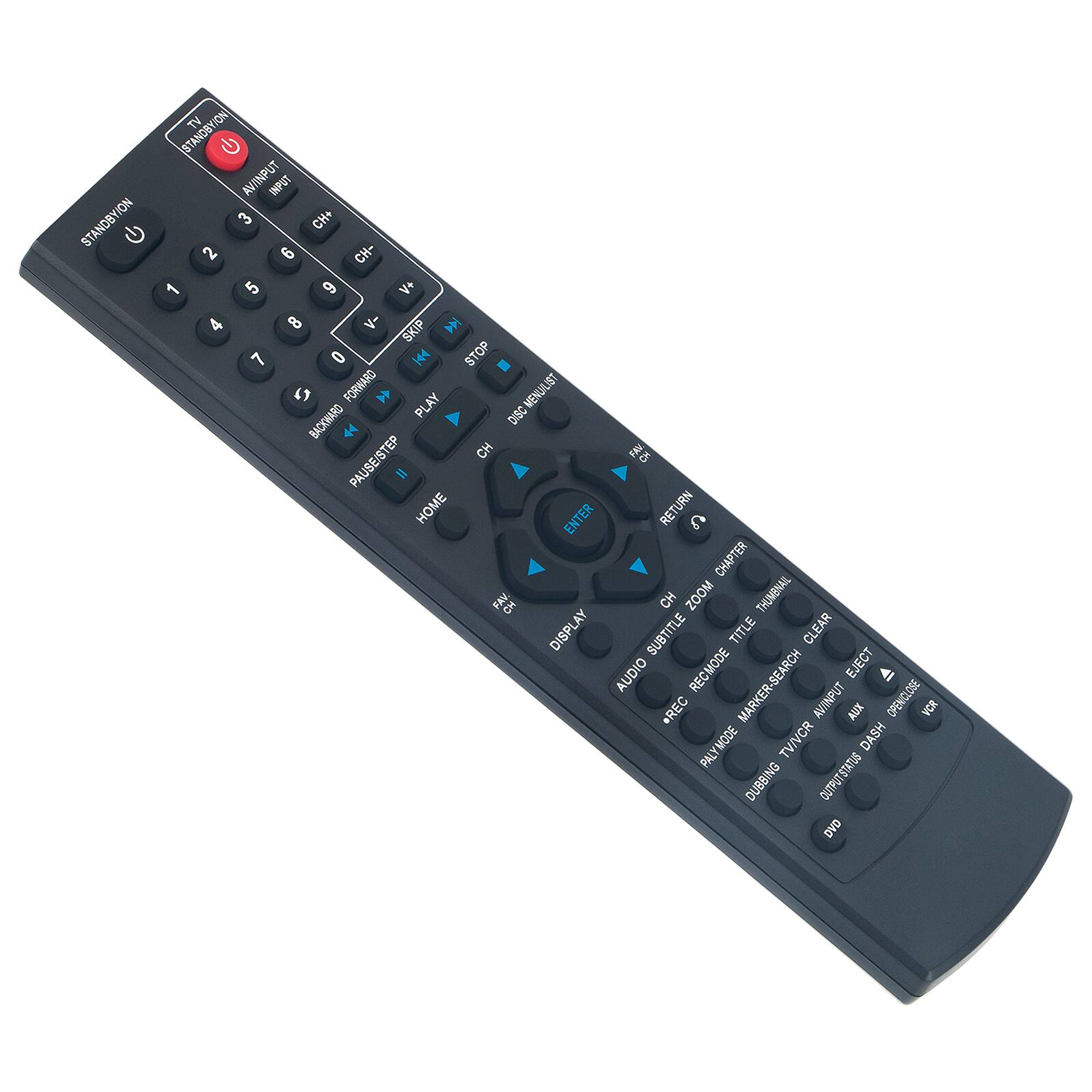 Sure, here is the corrected and grouped text from the image:

**Top Section:**
- TV/AVI
- STANDBY/ON
- AVI INPUT
- STANDBY/ON

**Number Pad:**
- 1 2 3
- 4 5 6
- 7 8 9
- 0

**Channel and Volume Controls:**
- CH+
- CH-
- V+
- V-

**Playback Controls:**
- SKIP
- STOP
- PLAY
- PAUSE/STEP
- BACKWARD
- FORWARD

**Navigation:**
- ENTER
- RETURN
- HOME

**Additional Controls:**
- MENU LIST
- PLAY DISC
- BACKWARD
- PAUSE/STEP
- CH
- ZOOM
- THUMBNAIL DISPLAY
- SUBTITLE
- TITLE
- CLEAR
- AUDIO
- RECMODE
- EJECT
- REC MARKER-SEARCH
- AVINPUT
- ALCX
- OPEN/CLOSE
- VCR
- PLAYMODE
- TV/VCR
- DASH
- DUBBING
- OUTPUTSTATUS
- DVD

**Bottom Section:**
- DISPLAY
- AUDIO SUBTITLE
- RECMODE
- EJECT
- REC MARKER-SEARCH
- AVINPUT
- ALCX
- OPEN/CLOSE
- VCR
- PLAYMODE
- TV/VCR
- DASH
- DUBBING
- OUTPUTSTATUS
- DVD