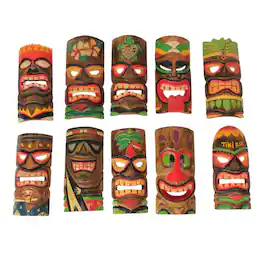 Zeckos - Hand Carved Wood Art Polynesian Party Hawaiian Tiki Masks 10 Piece Set 10 Inch - Multicolored