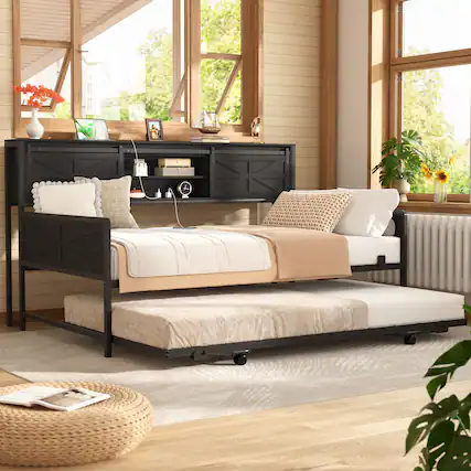 Front. Aheaplus - Farmhouse Twin Daybed With Bookcase Headboard & Charging Station - Trundle Sofa Bed Frame, Space-Saving - Black.