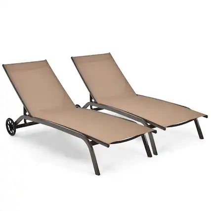 Front. Costway - Costway 2PCS Patio Lounge Chair Chaise Adjustable Back Recliner W/Wheels - Brown.