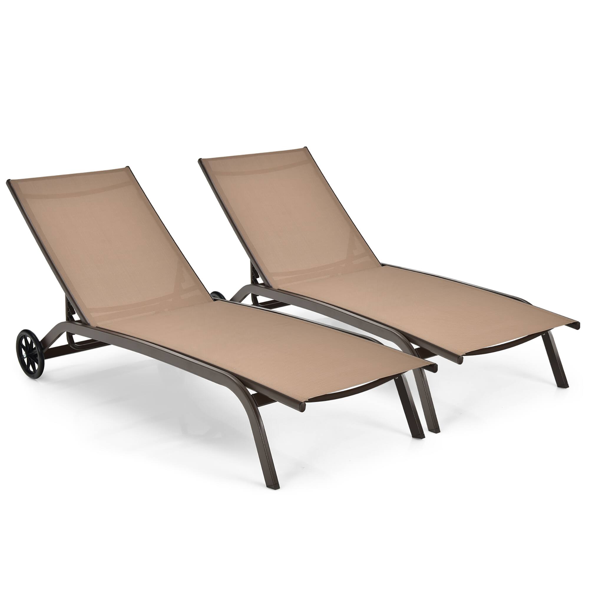 Costway - 2PCS Patio Lounge Chair Chaise Adjustable Back Recliner W/Wheels - Brown