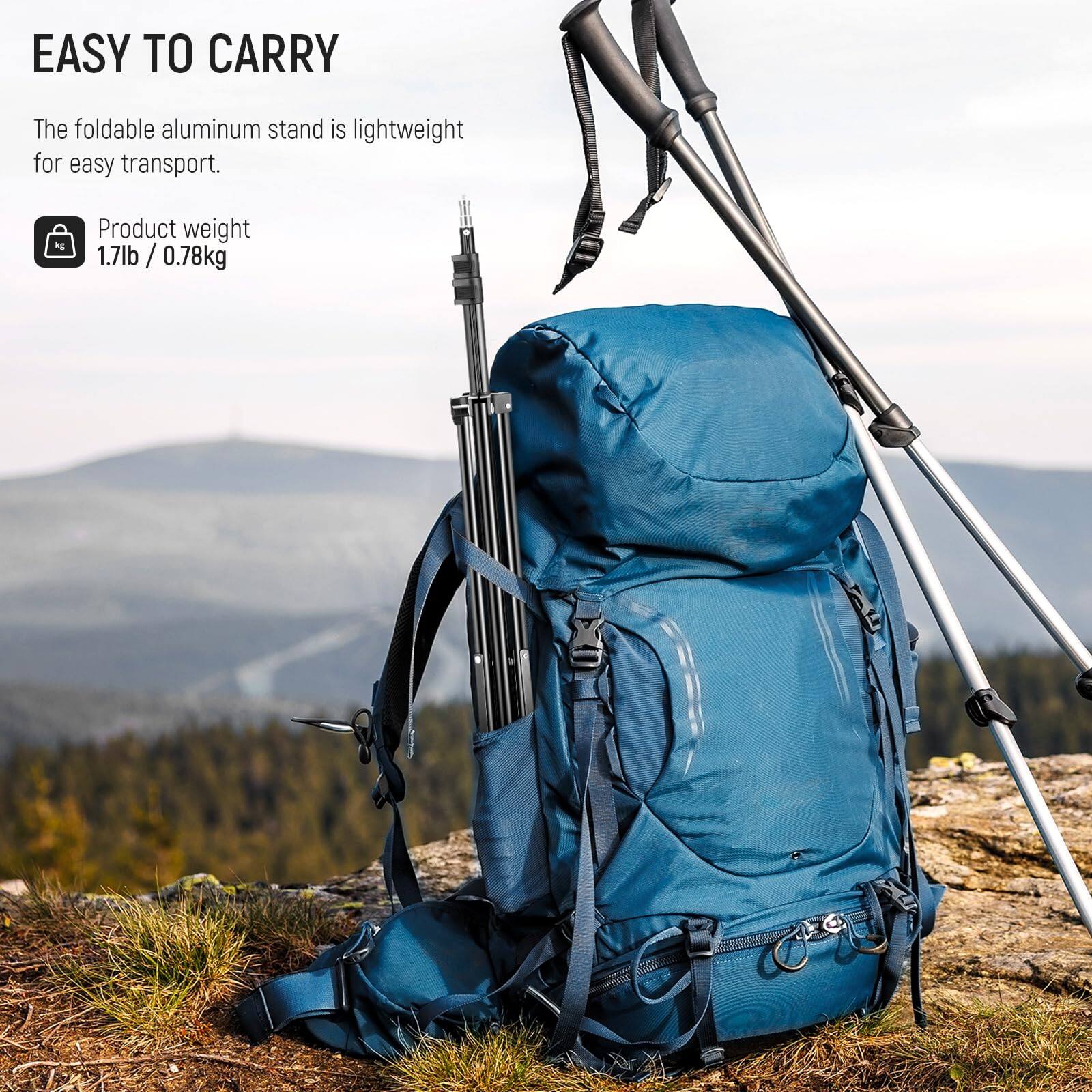 EASY TO CARRY

The foldable aluminum stand is lightweight for easy transport.

Product weight
1.7lb / 0.78kg