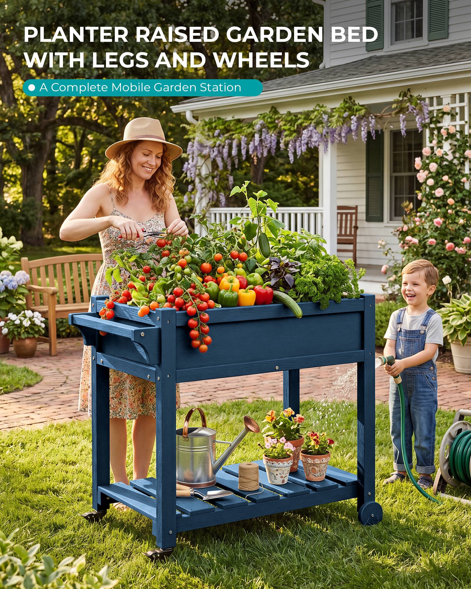 PLANTER RAISED GARDEN BED WITH LEGS AND WHEELS  
A Complete Mobile Garden Station