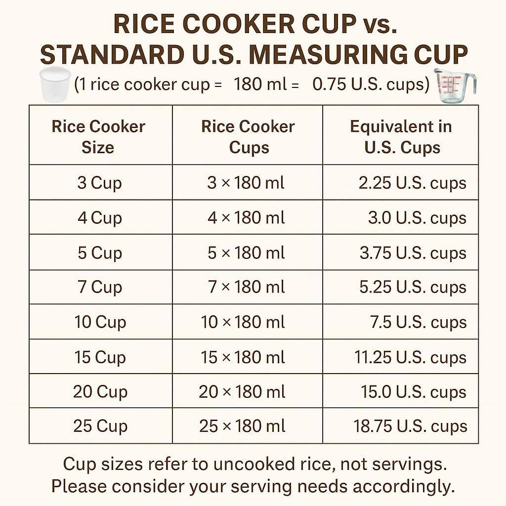 RICE COOKER CUP vs. STANDARD U.S. MEASURING CUP  
(1 rice cooker cup = 180 ml = 0.75 U.S. cups)

| Rice Cooker Size | Rice Cooker Cups | Equivalent in U.S. Cups |
|----------------|----------------|----------------------|
| 3 Cup          | 3 x 180 ml      | 2.25 U.S. cups        |
| 4 Cup          | 4 x 180 ml      | 3.0 U.S. cups        |
| 5 Cup          | 5 x 180 ml      | 3.75 U.S. cups        |
| 7 Cup          | 7 x 180 ml      | 5.25 U.S. cups        |
| 10 Cup         | 10 x 180 ml     | 7.5 U.S. cups        |
| 15 Cup         | 15 x 180 ml     | 11.25 U.S. cups       |
| 20 Cup         | 20 x 180 ml     | 15.0 U